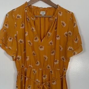 LOFT Mustard Floral Dress with Ruffle Sleeves